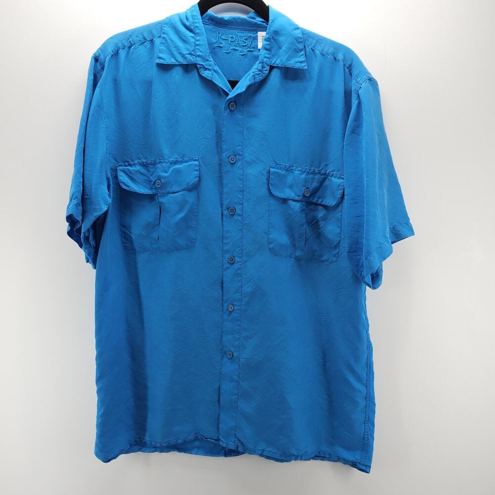 K-PASA Shirt Mens Small Blue 100% Silk Short Sleeve Button Up Pocket Lightweight